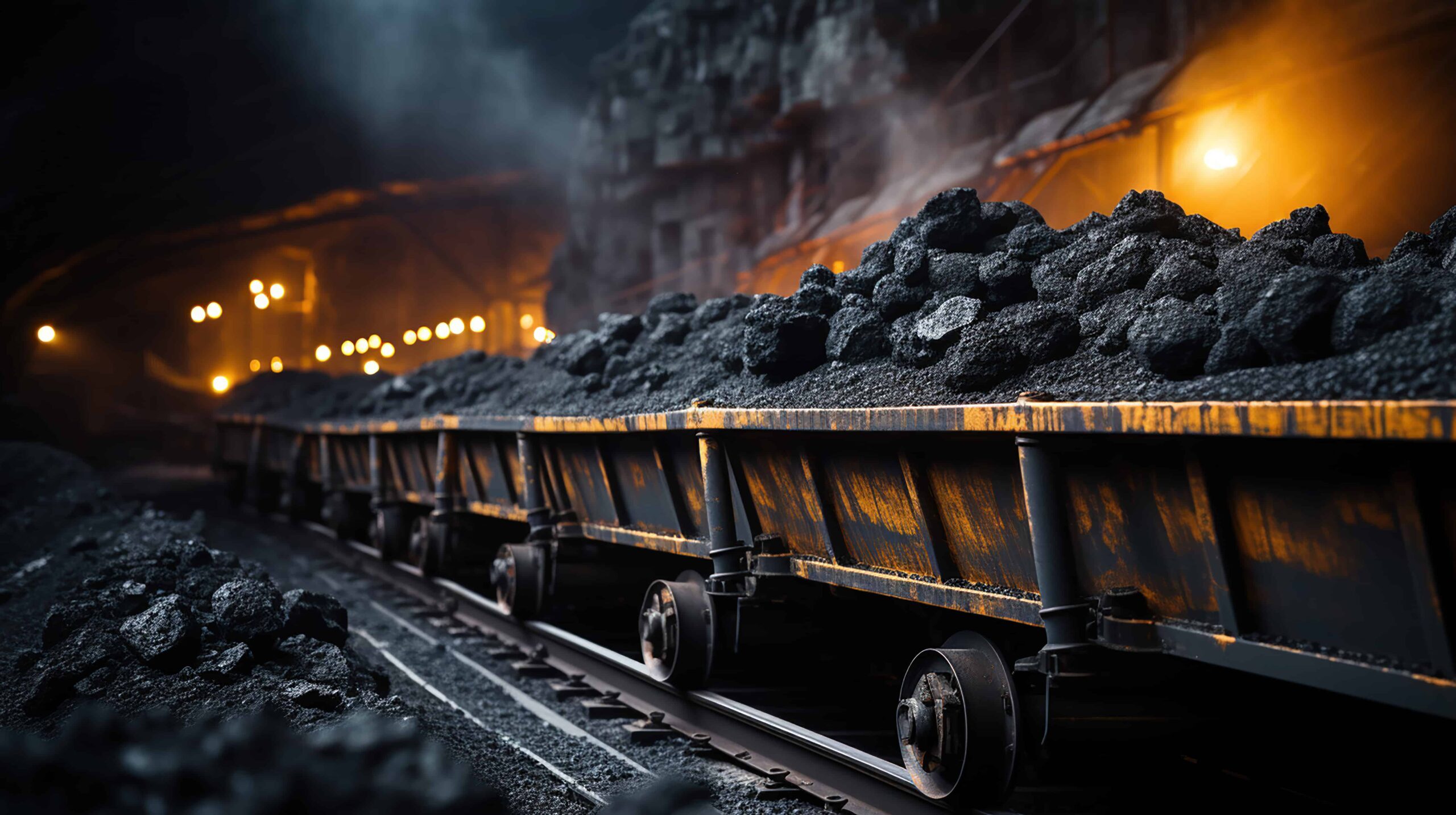 Coal moving along a conveyor belt.